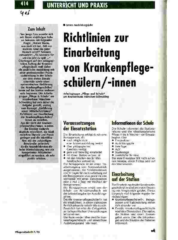 Vorschauseite 1: Richtlinien zur Einarbeitung von KrankenpflegeschülerInnen Erstes Ausbildungsjahr
