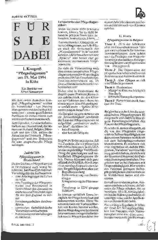 Vorschauseite 1: 1. Kongreß Pflegediagnosen am 19. Mai 1994 in Köln