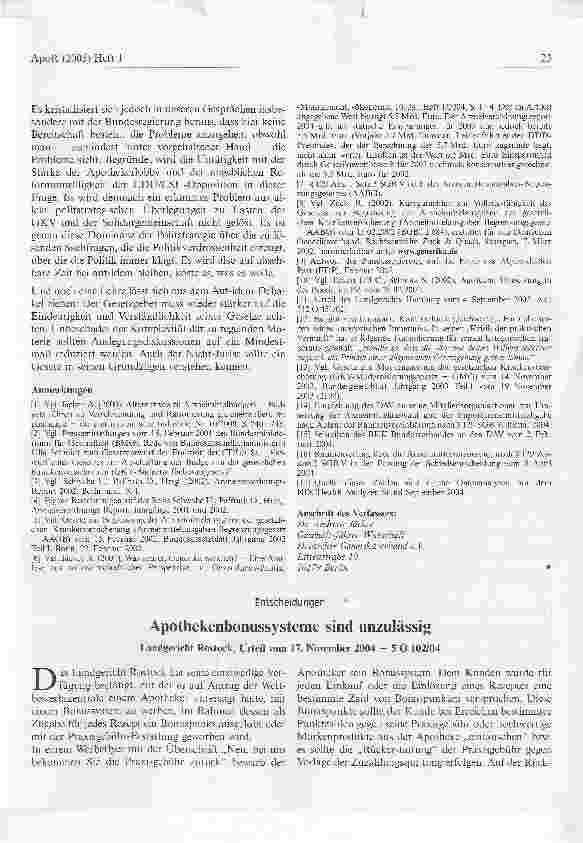 Vorschauseite 1: Apothekenbonussysteme sind unzulässigLandgericht Rostock, Urteil vom 17. November 2004 - 5 O 102/04