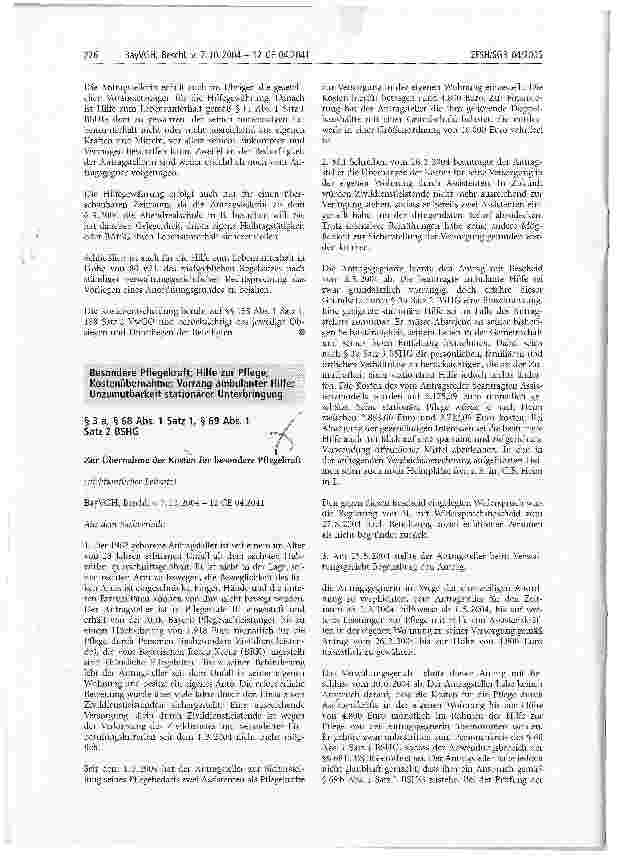 Vorschauseite 1: Besondere Pflegekraft; Hilfe zur Pflege; Kostenübernahme; Vorrang ambulanter Hilfe; Unzumutbarkeit stationärer Unterbringung §3a, §68 Abs. 1 Satzi, § 69 Abs. 1 Satz 2 BSHG