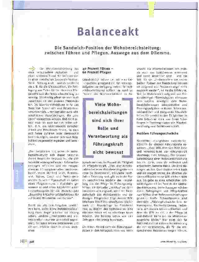 Vorschauseite 1: BalanceaktDie Sandwich-Position der Wohnbereichsleitung: zwischen Führen und Pflegen. Auswege aus dem Dilemma