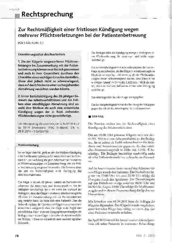 Vorschauseite 1: Zur Rechtmäfiigkeit einer fristlosen Kündigung wegen mehrerer Pflichtverletzungen bei der Patientenbetreuung BGB § 626; KSchC § 1