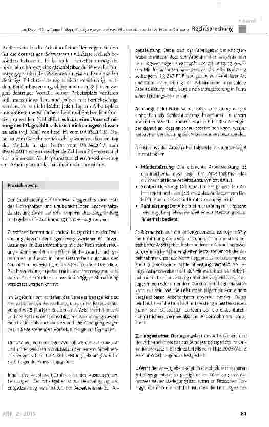 Vorschauseite 4: Zur Rechtmäfiigkeit einer fristlosen Kündigung wegen mehrerer Pflichtverletzungen bei der Patientenbetreuung BGB § 626; KSchC § 1
