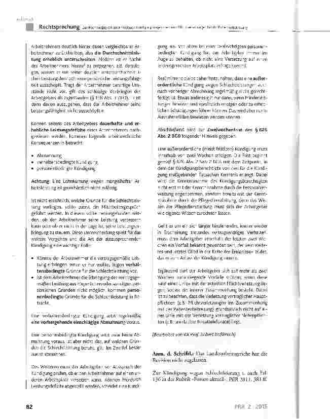 Vorschauseite 5: Zur Rechtmäfiigkeit einer fristlosen Kündigung wegen mehrerer Pflichtverletzungen bei der Patientenbetreuung BGB § 626; KSchC § 1