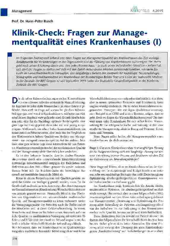 Vorschauseite 1: Klinik-Check: Fragen zur Managementqualität eines Krankenhauses (I)