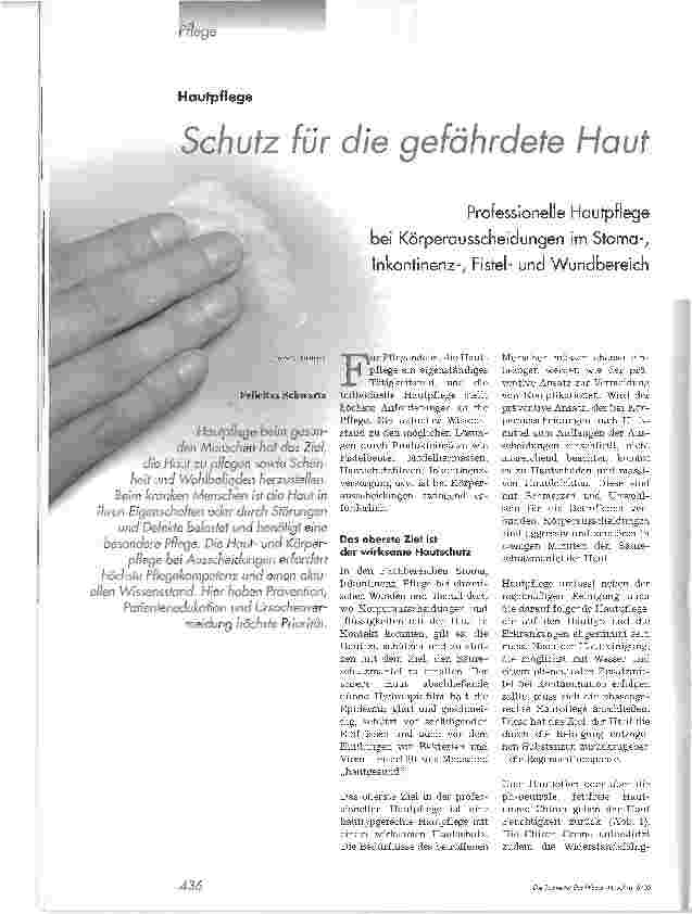Vorschauseite 1: Schutz für die gefährdete Haut. Professionelle Hautpflege bei Körperausscheidungen im Stoma-, Inkontinenz-, Fistelund Wundbereich
