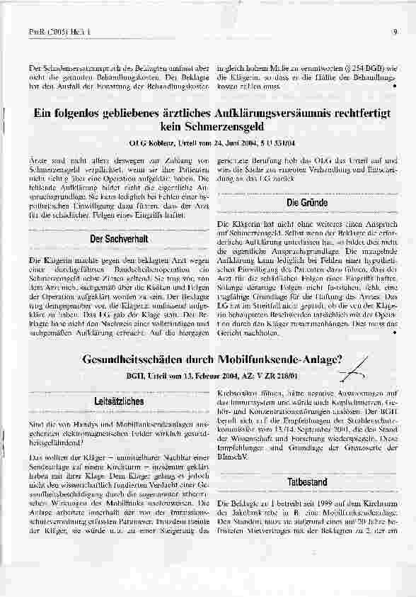 Vorschauseite 1: Gesundheitsschäden durch Mobilfunksende-Anlage?BGH, Urteil vom 13. Februar 2004, AZ: V ZR 218/01