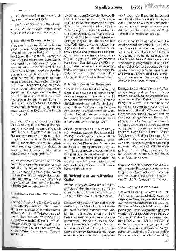 Vorschauseite 2: Störfallverordnung. Störfallpflichten von Krankenhäusern aufgrund der Lagerung von Gefahrstoffen