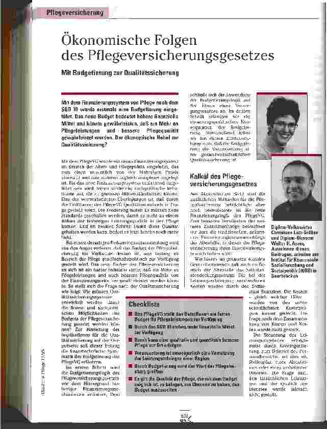 Vorschauseite 1: Ökonomische Folgen des Pflegeversicherungsgesetzes Mit Budgetierung und Qualitätssicherung