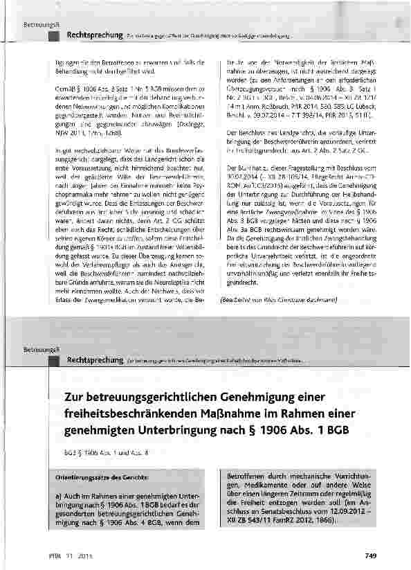 Vorschauseite 1: Zur betreuungsgerichtlichen Genehmigung einer freiheitsbeschränkenden Maßnahme im Rahmen einer genehmigten Unterbringung nach § 1906 Abs. 1 BGB