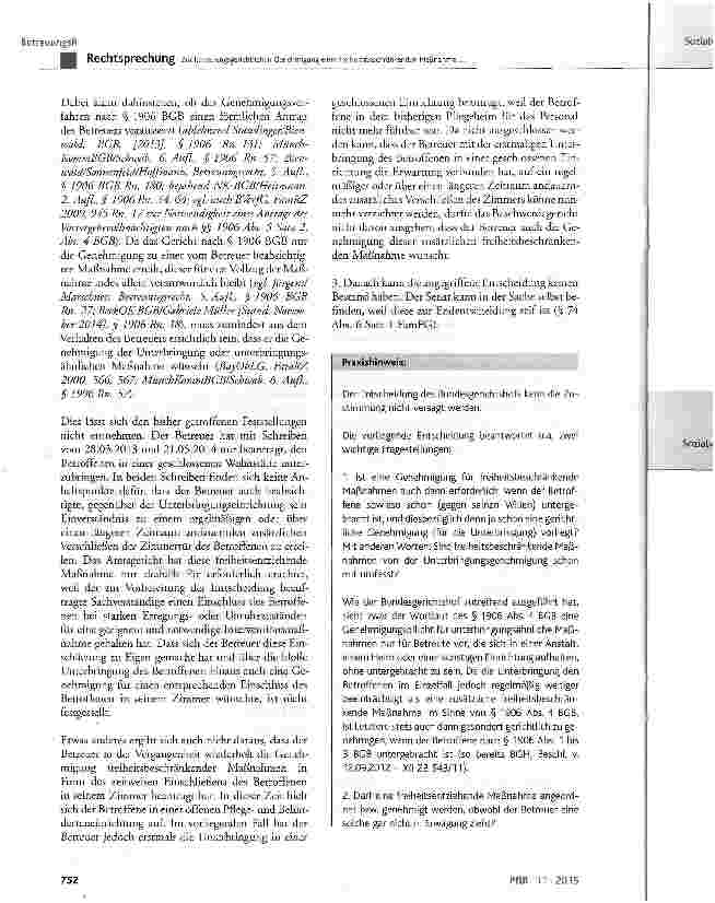 Vorschauseite 4: Zur betreuungsgerichtlichen Genehmigung einer freiheitsbeschränkenden Maßnahme im Rahmen einer genehmigten Unterbringung nach § 1906 Abs. 1 BGB