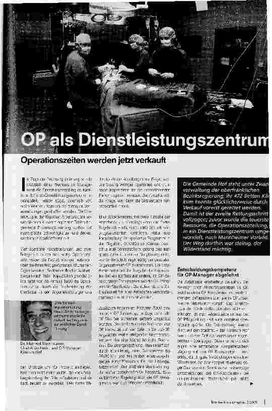 Vorschauseite 1: OP als Dienstleistungszentrum. Operationszeiten werden jetzt verkauft