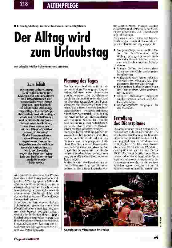 Vorschauseite 1: Der Alltag wird zum Urlaubstag Freizeitgestaltung mit Bewohnerinnen eines Pflegeheims