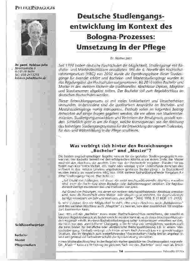 Vorschauseite 1: Deutsche Studiengangsentwicklung im Kontext desBologna-Prozesses: Umsetzung in der Pflege