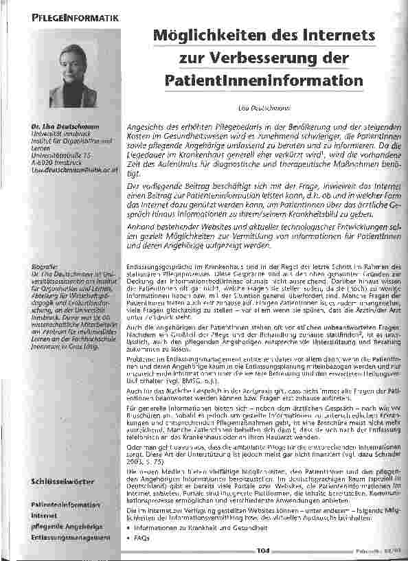 Vorschauseite 1: Möglichkeiten des Internets zur Verbeserung der Patienteninformation