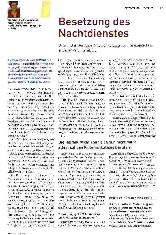 Vorschauseite 1: Besetzung des Nachtdienstes Urteil relativiert den Kriterienkatalog der Heimaufsichten in Baden-Württemberg