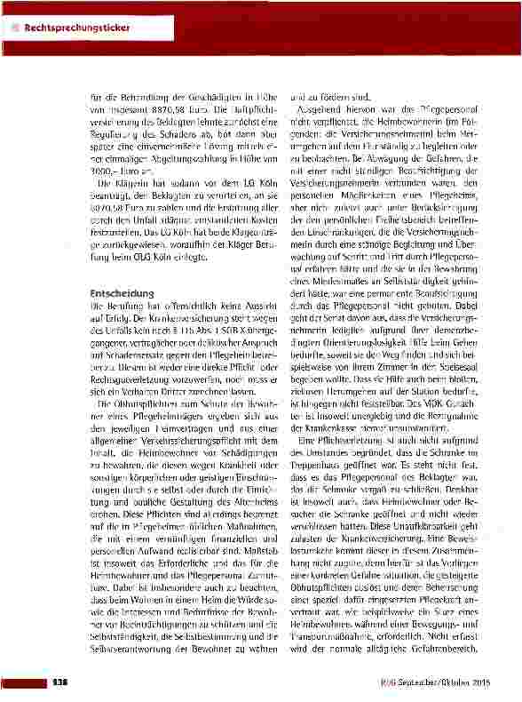 Vorschauseite 3: Sturz einer demenzbedingt desorientierten Heimbewohnerin im Treppenhaus OLG Köln vom 5.1.2015 (5 U 124/14)