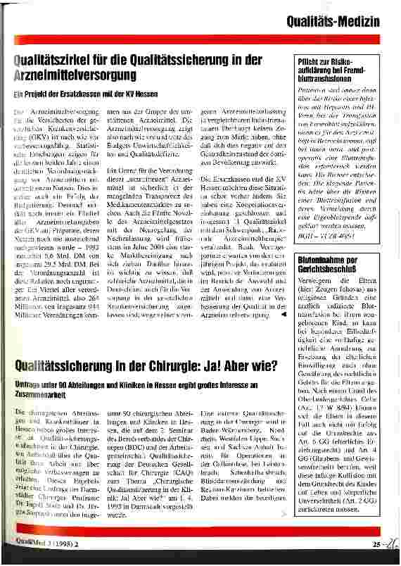 Vorschauseite 1: Qualitätssicherung in der Chirurgie: Ja! Aber wie? Umfrage unter 90 Abteilungen und Kliniken in Hessen ergibt großes Interesse an Zusammenarbeit