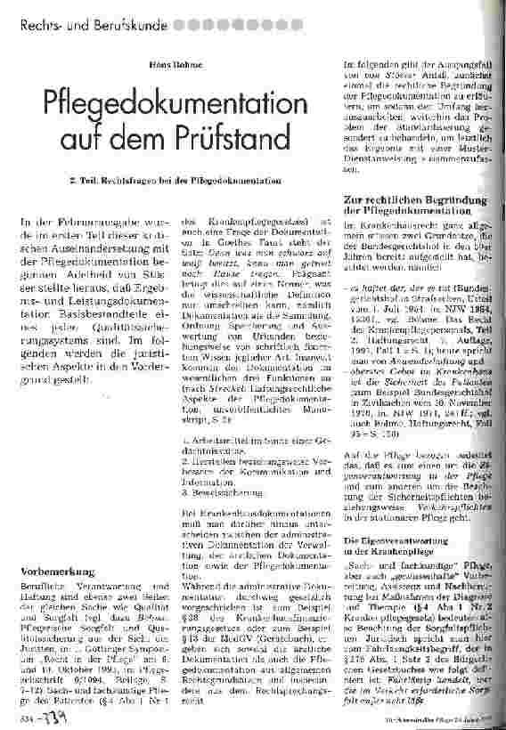 Vorschauseite 1: Pflegedokumentation auf dem Prüfstand 2. Teil: Rechtsfragen der Pflegedokumentation