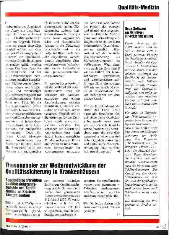 Vorschauseite 1: Thesenpapier zur Weiterentwicklung der Qualitätssicherung in Krankenhäusern Regelmäßige freiwillige Qualitätssicherungsberichte und Zertifizierung an Krankenhäusern geplant