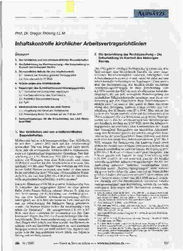 Vorschauseite 1: Inhaltskontrolle kirchlicher Arbeitsvertragsrichtlinien