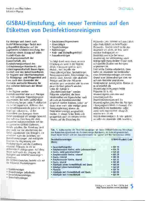 Vorschauseite 1: GISBAU-Einstufung, ein neuer Terminus auf den Etiketten von Desinfektionsreinigern