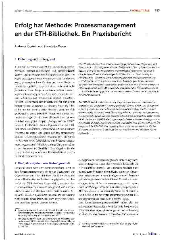 Vorschauseite 1: Erfolg hat Methode: Prozessmanagement an der ETH-Bibliothek. Ein Praxisbericht