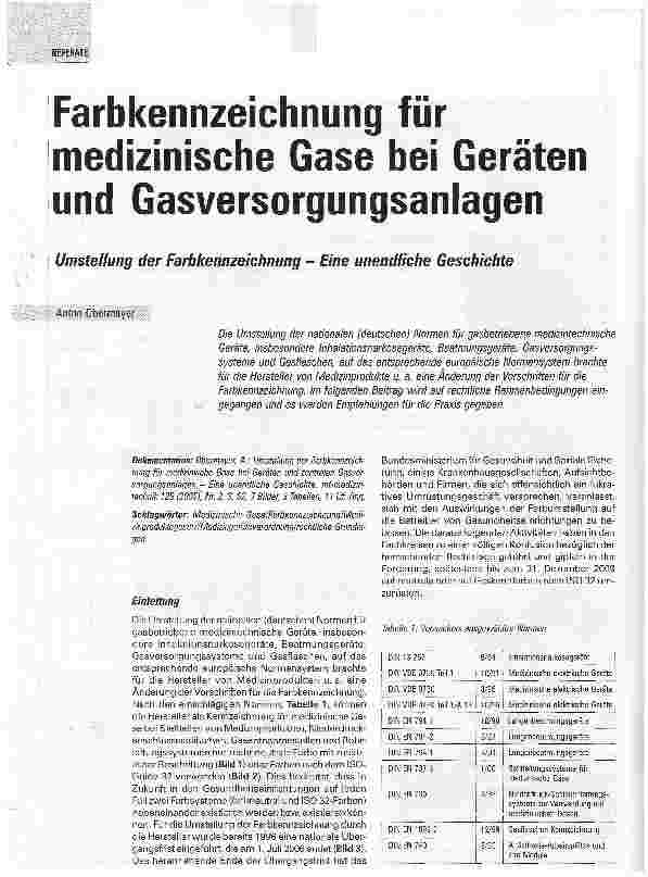 Vorschauseite 1: Farbkennzeichnung für medizinische Gase bei Geräten und GasversorgungsanlagenUmstellung der Farbkennzeichnung - Eine unendliche Geschichte