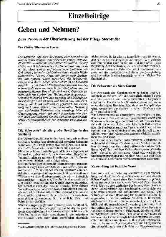 Vorschauseite 1: Geben und Nehmen? Zum Problem der Überforderung bei der Pflege Sterbender