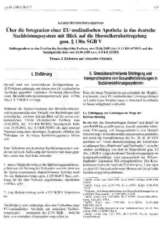 Vorschauseite 1: Über die Integration einer EU-ausländischen Apotheke in das deutsche Sachleistungssystem mit Blick auf die Herstellerrabattregelung gem. § 130a SGB V
