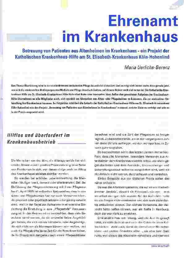 Vorschauseite 1: Ehrenamt im KrankenhausBetreuung von Patienten aus Altenheimen im Krankenhaus - ein Projekt der Katholischen Krankenhaus-Hilfe am St. Elisabeth-Krankenhaus Köln-Hohenlind