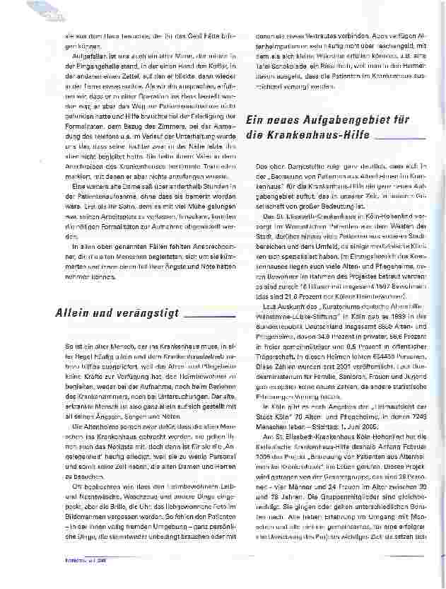 Vorschauseite 2: Ehrenamt im KrankenhausBetreuung von Patienten aus Altenheimen im Krankenhaus - ein Projekt der Katholischen Krankenhaus-Hilfe am St. Elisabeth-Krankenhaus Köln-Hohenlind