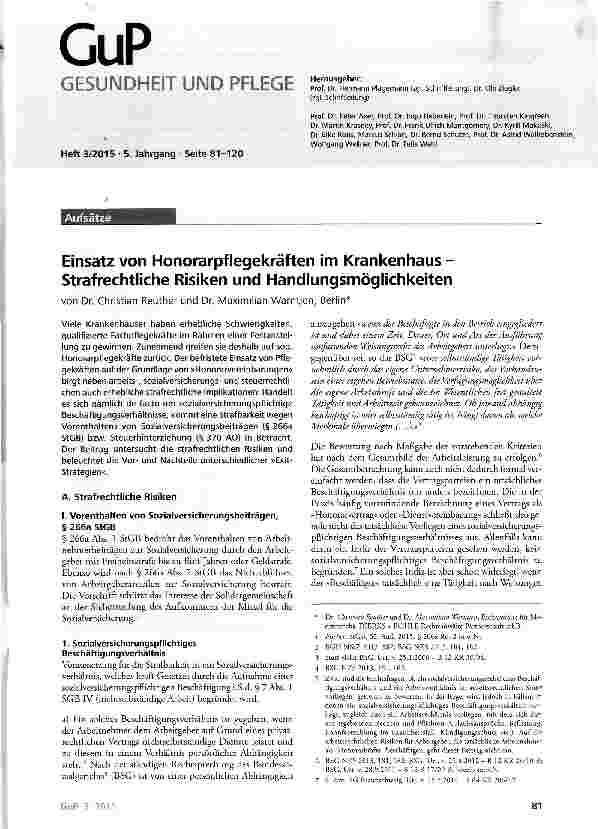 Vorschauseite 1: Einsatz von Honorarpflegekräften im Krankenhaus -Strafrechtliche Risiken und Handlungsmöglichkeiten