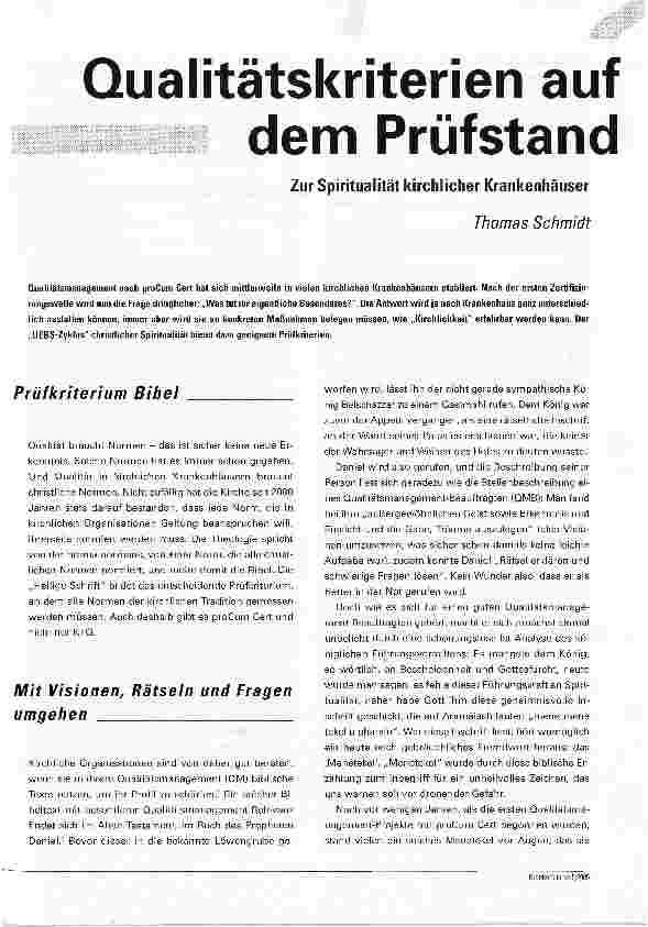 Vorschauseite 1: Qualitätskriterien auf dem Prüfstand. Zur Spiritualität kirchlicher Krankenhäuser