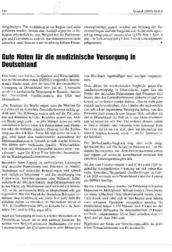 Vorschauseite 1: Gute Noten für die medizinische Versorgung in Deutschland