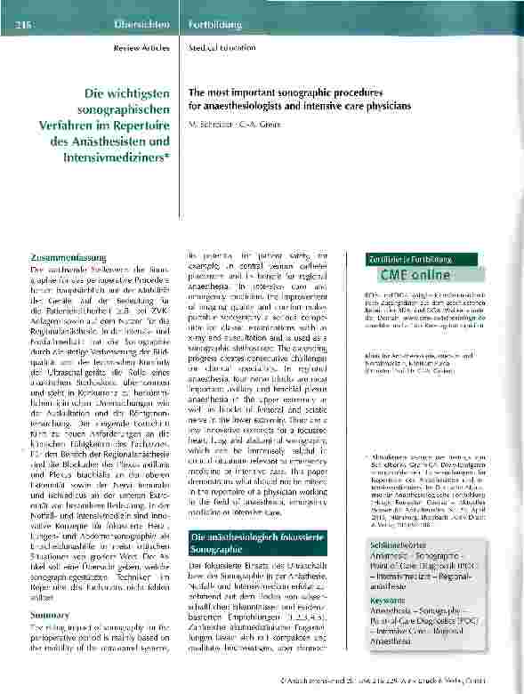 Vorschauseite 1: Die wichtigsten sonographischen Verfahren im Repertoire des Anästhesisten undIntensivmediziners