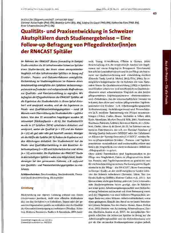 Vorschauseite 1: Qualitätsund Praxisentwicklung in Schweizer Akutspitälern durch Studienergebnisse - Eine Follow-up-Befragung von Pflegedirektor(inn)en der RN4CAST Spitäler