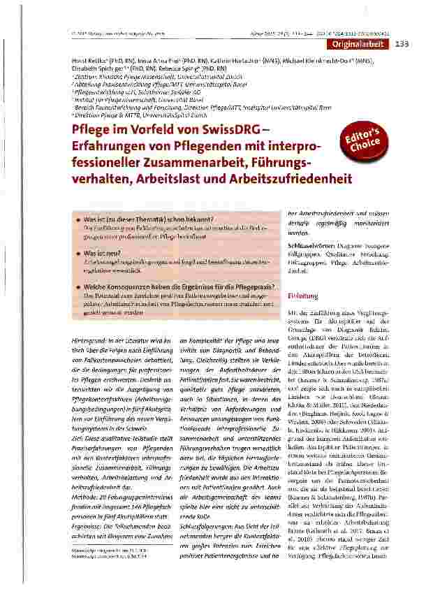 Vorschauseite 1: Pflege im Vorfeld von SwissDRG-Erfahrungen von Pflegenden mit interprofessioneller Zusammenarbeit, Führungsverhalten, Arbeitslast und Arbeitszufriedenheit