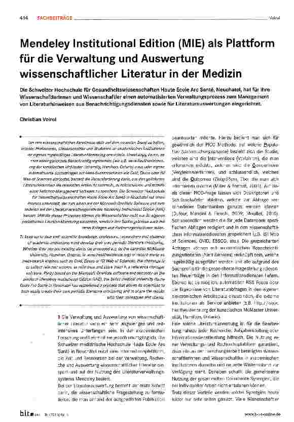 Vorschauseite 1: Mendeley Institutional Edition (MIE) als Plattform für die Verwaltung und Auswertung wissenschaftlicher Literatur in der Medizin