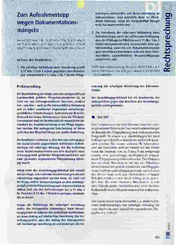Vorschauseite 1: Zum Aufnahmestopp wegen Dokumentationsmängeln