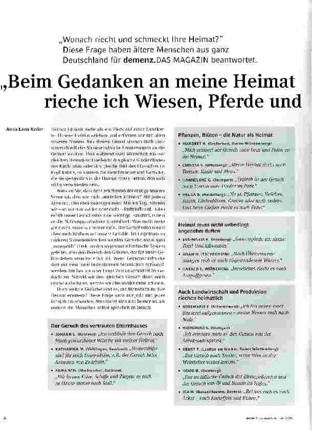 Vorschauseite 1: Wonach riecht und schmeckt Ihre Heimat? Beim Gedanken an meine Heimat rieche ich Wiesen, Pferde und Maiglöckchen.