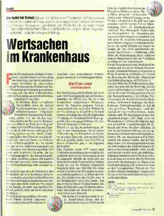 Vorschauseite 1: Wertsachen im Krankenhaus Wer haftet bei Verlust