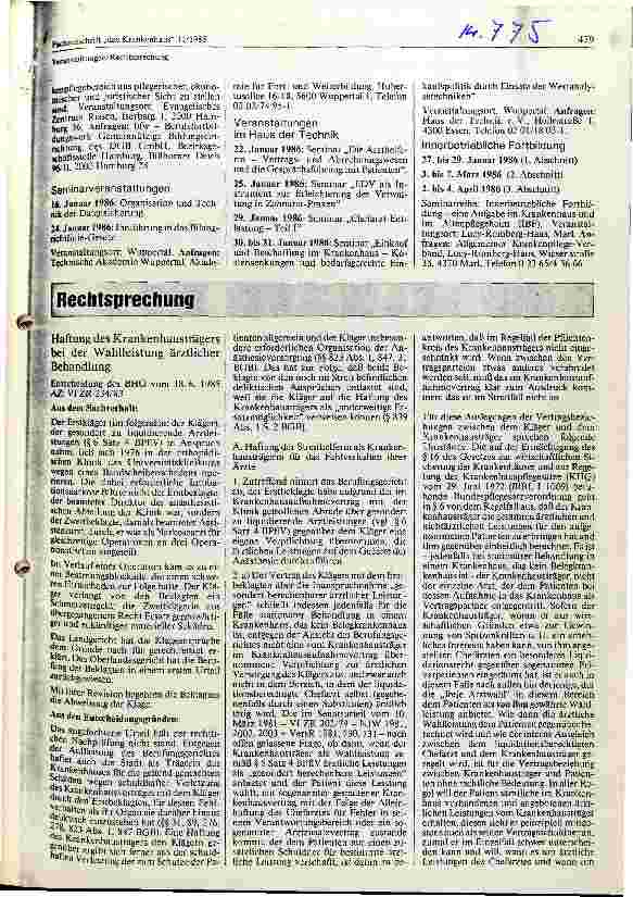 Vorschauseite 1: Haftung des Krankenhausträgers bei der Wahlleistung ärztlicher Behandlung