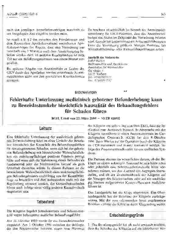 Vorschauseite 1: Fehlerhafte Unterlassung medizinisch gebotener Befunderhebung kann zu Beweislastumkehr hinsichtlich Kausalität des Behandlungsfehlers für Schaden führen