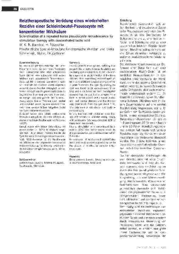 Vorschauseite 1: Reiztherapeutische Verödung eines wiederholten Rezidivs einer Schleimbeutel-Pseusozyste mit konzentrierter Milchsäure