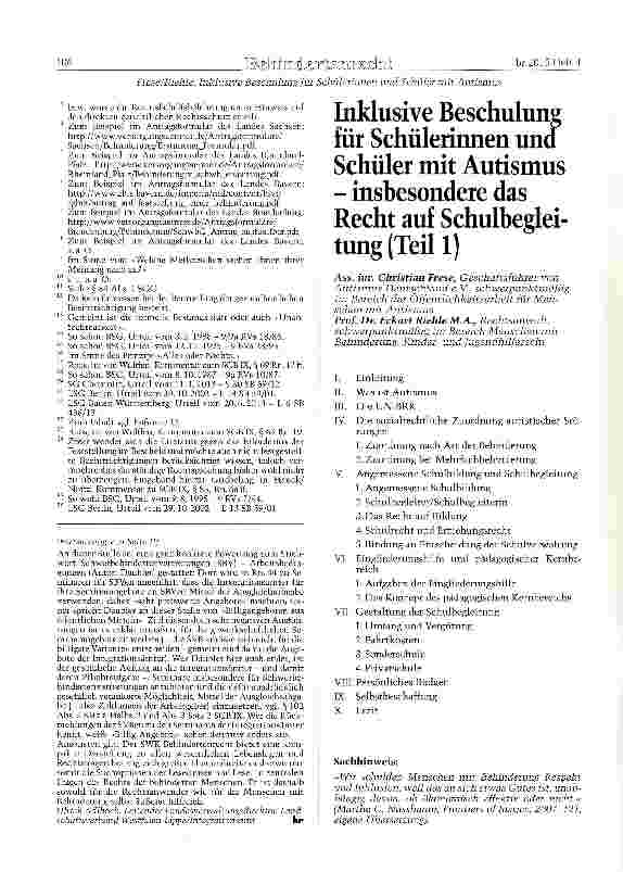 Vorschauseite 1: Inklusive Beschulung für Schülerinnen und Schüler mit Autismus - insbesondere das Recht auf Schulbegleitung (Teil 1)