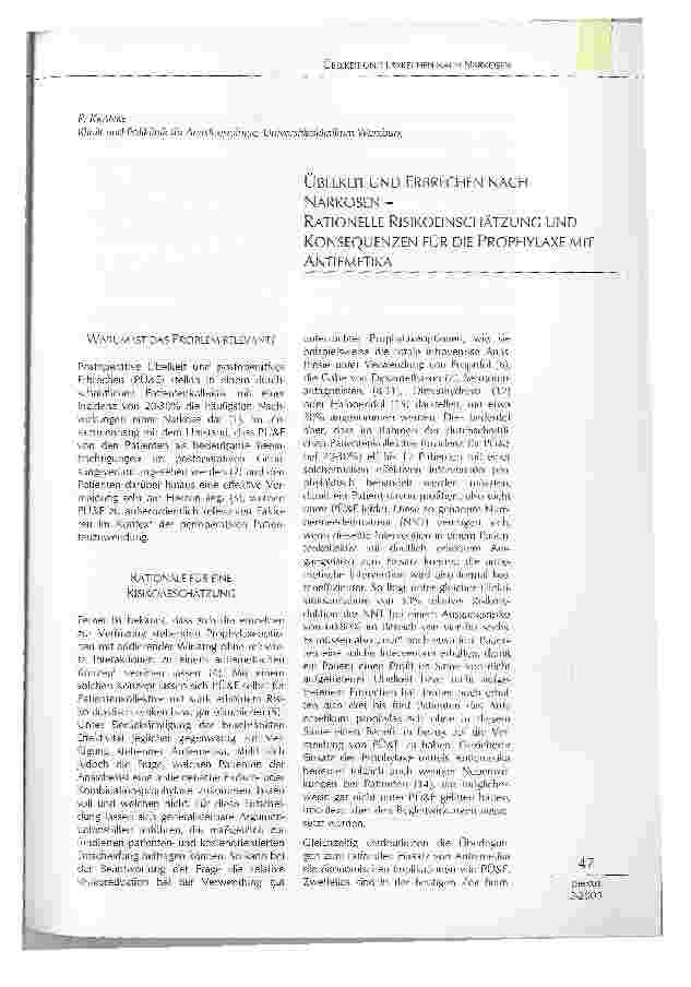 Vorschauseite 1: ÜBELKEIT UND ERBRECHEN NACHNARKOSEN -RATIONELLE RISIKOEINSCHÄTZUNG UNDKONSEQUENZEN FÜR DIE PROPHYLAXE MIT ANTIEMETIKA