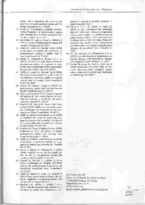 Vorschauseite 5: ÜBELKEIT UND ERBRECHEN NACHNARKOSEN -RATIONELLE RISIKOEINSCHÄTZUNG UNDKONSEQUENZEN FÜR DIE PROPHYLAXE MIT ANTIEMETIKA