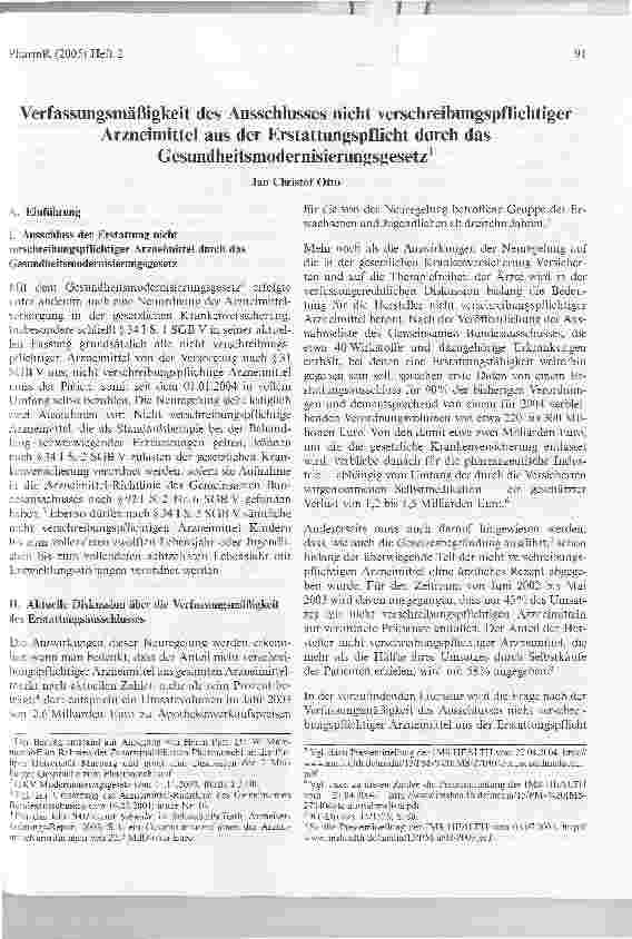 Vorschauseite 1: Verfassungsmäßigkeit des Ausschlusses nicht verschreibungspflichtigerArzneimittel aus der Erstattungspflicht durch dasGesundheitsmodernisierungsgesetz