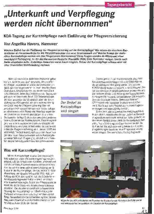 Vorschauseite 1: Unterkunft und Verpflegung werden nicht übernommen KDA-Tagung zur Kurzzeitpflege nach Einführung der Pflegeversicherung